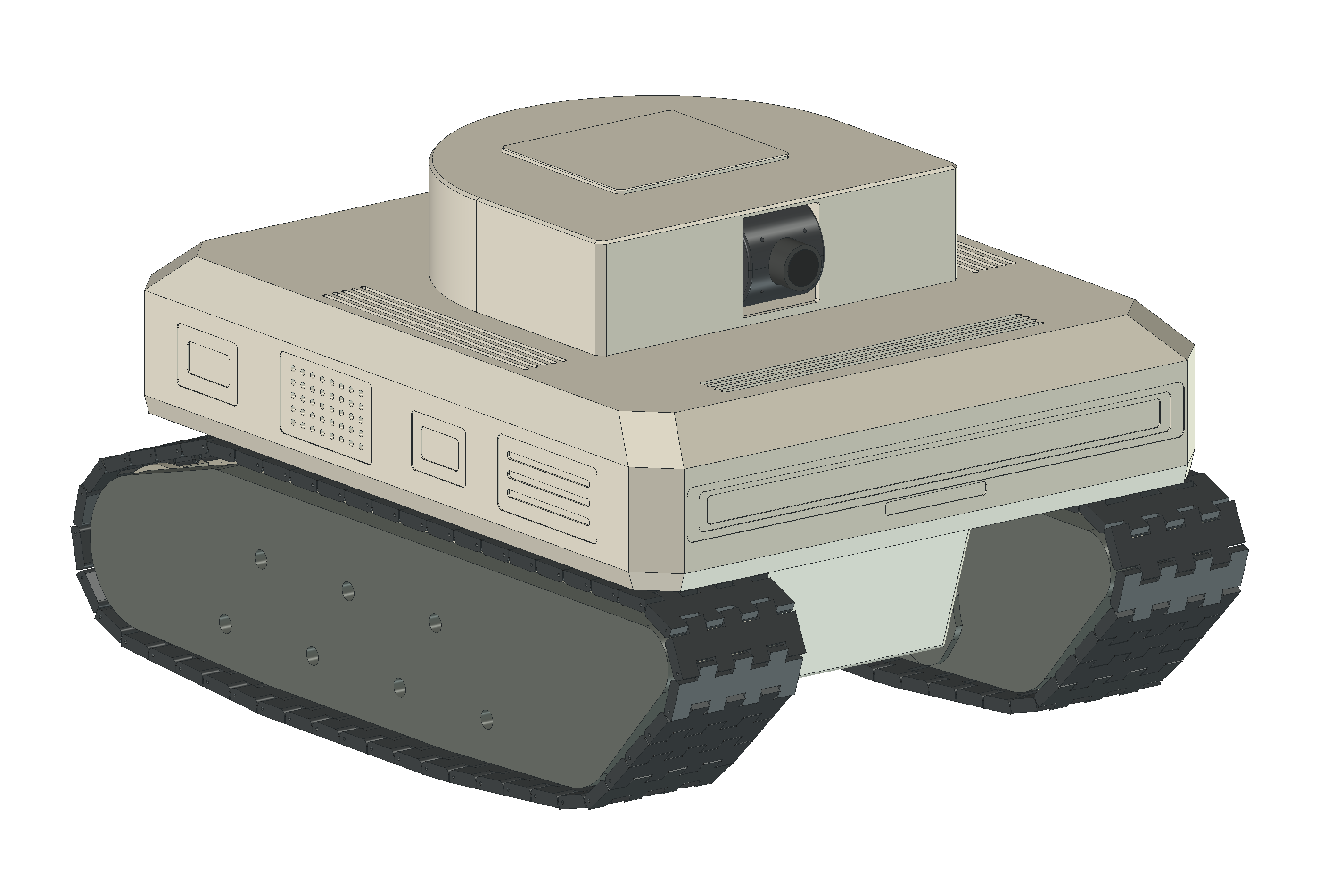 Front three-quarter CAD rendering of Companion, showing its tracked chassis, enclosed body, and front-facing camera
